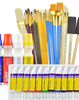 Art supplies value pack includes 12 acrylic paints 25 paint brushes and 4 window markers