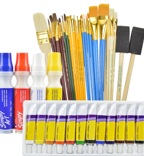 Art supplies value pack includes 12 acrylic paints 25 paint brushes and 4 window markers