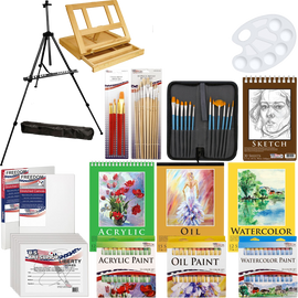 Deluxe artist painting set with aluminum floor easel wood drawer table easel